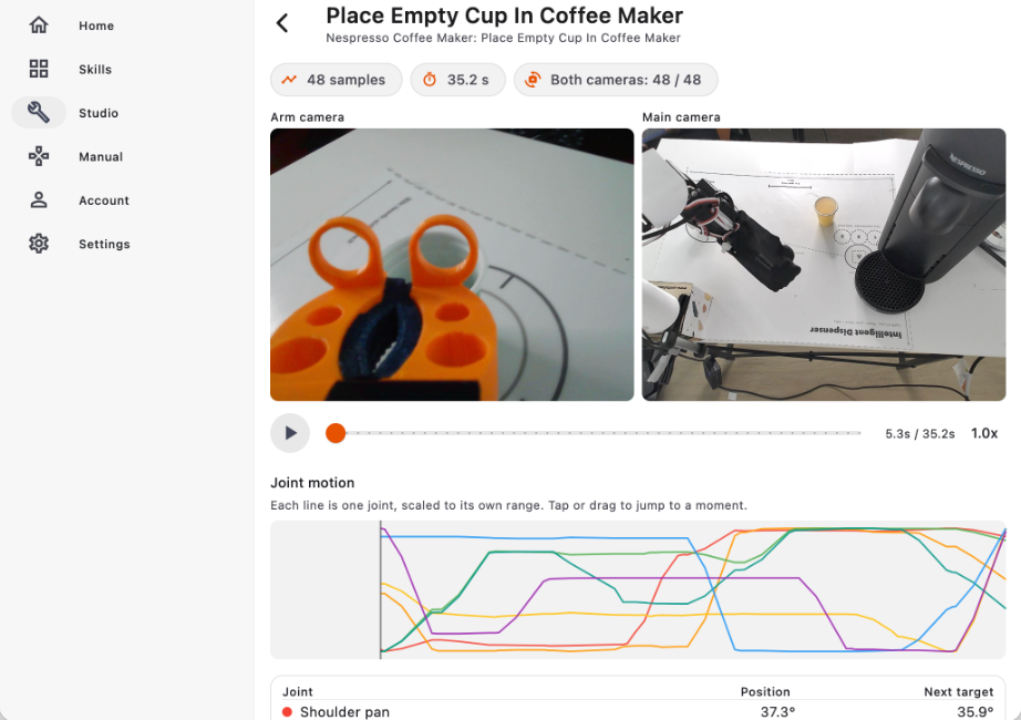 Raven app dataset viewer: arm camera, main camera, and joint motion for one episode