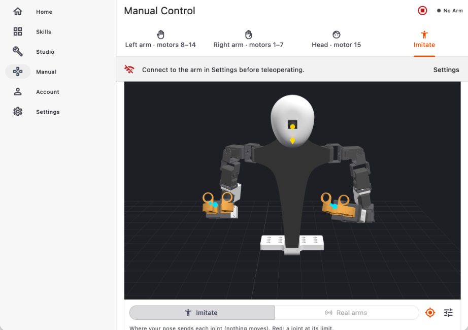 Raven app, Manual Control: a 3D digital twin of Raven mirroring the user's pose in Imitate mode