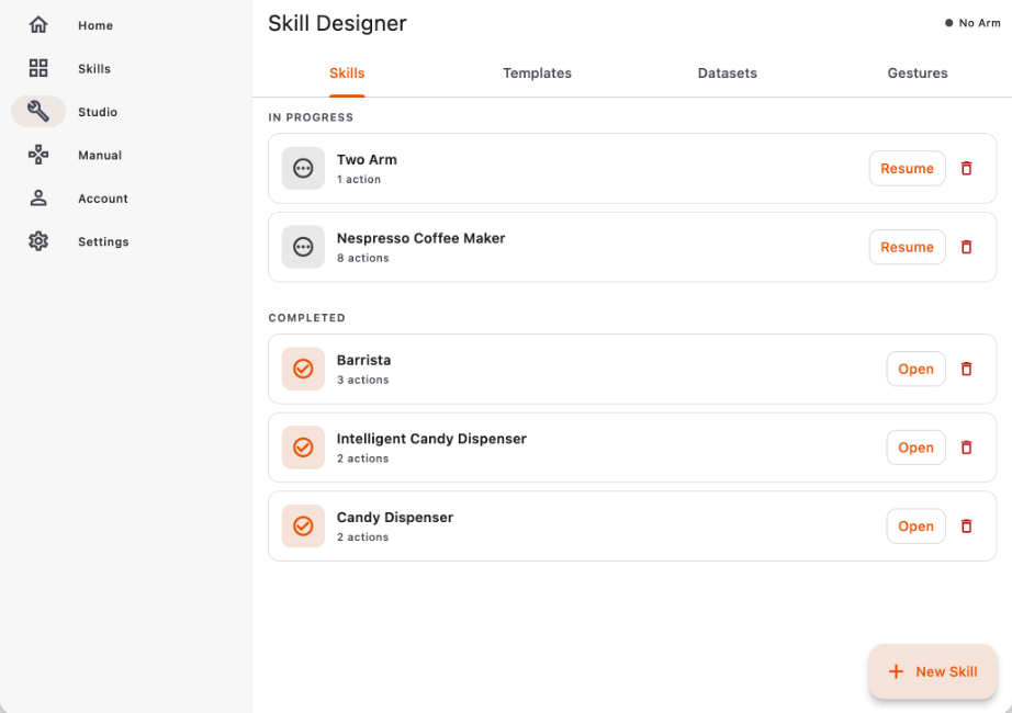 Raven app Skill Designer: skills in progress and completed