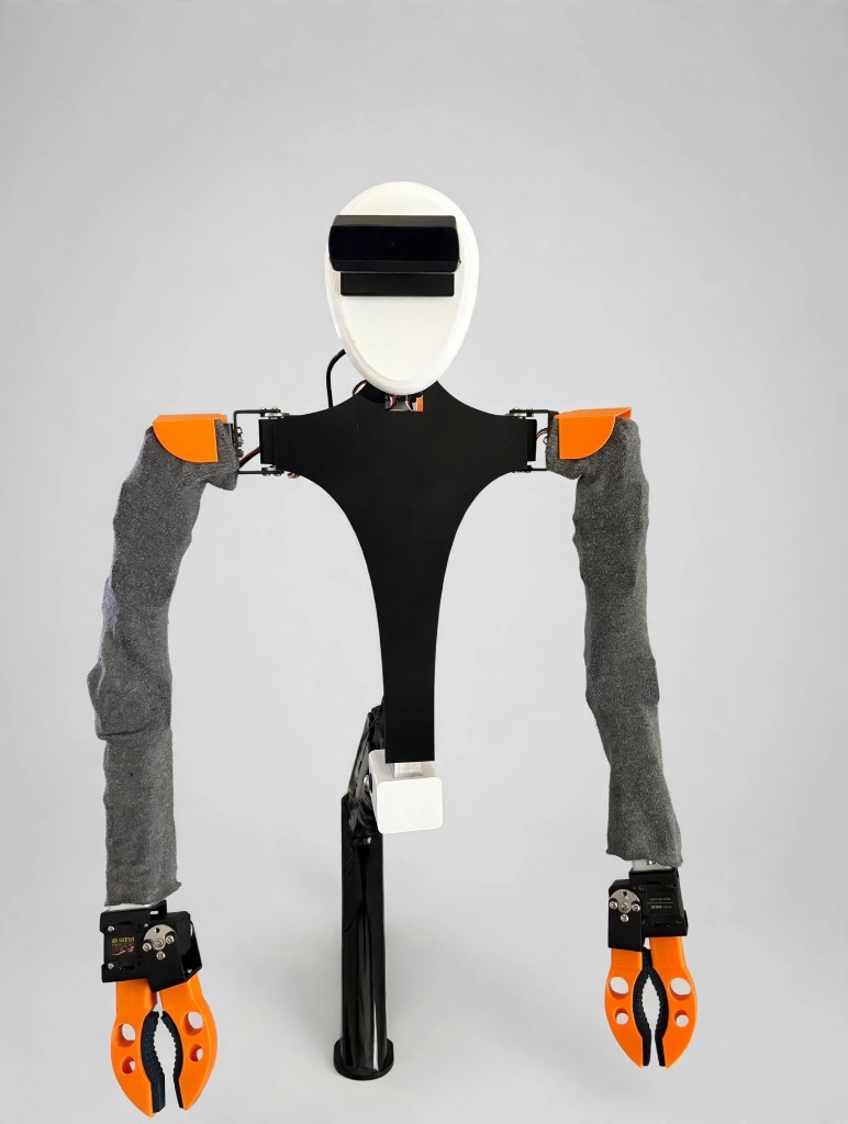 Raven desktop robot, full body, twin arms with orange grippers